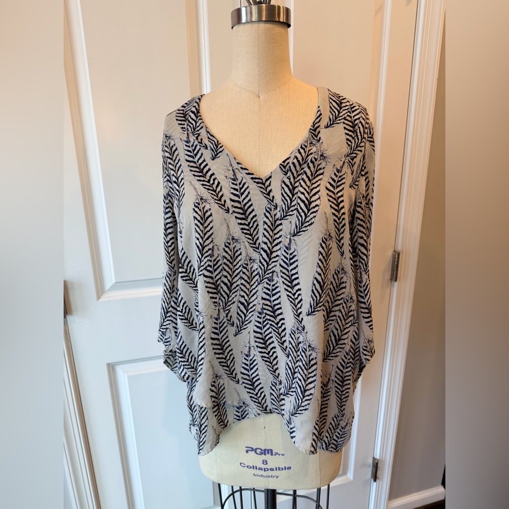 Sheer Feather Print Blouse Small Boho Flowy V Neck Neutral Lightweight Top